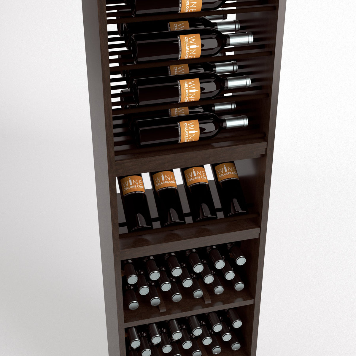 Wood wine display rack with four bottle rails above and bottle storage bins below