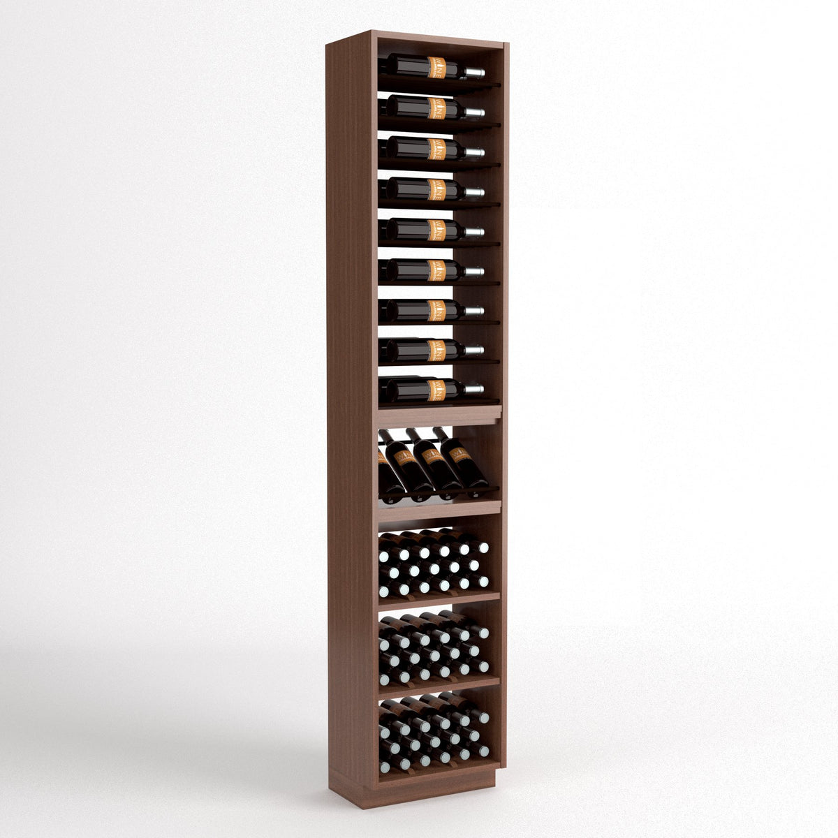 Tall dark-wood wine rack with bottle rails, wine bins, and cork bottle holders