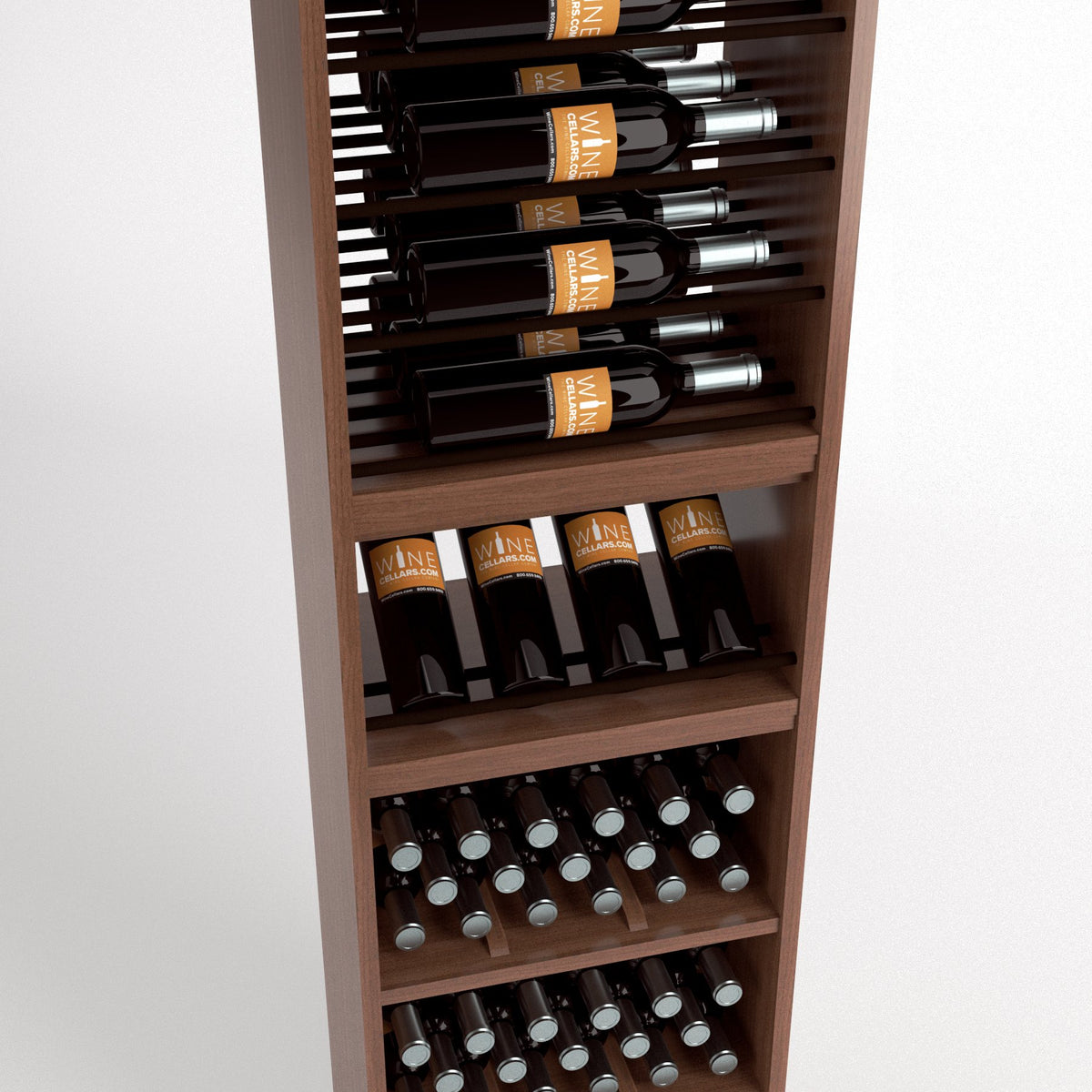 Tall wooden wine rack with four bottle rails and stacked bins for wine bottle storage