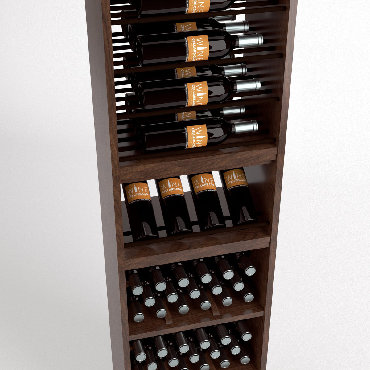 Wood wine rack shelves with bottle rails, stacked wine bottles, and cork bottle bins