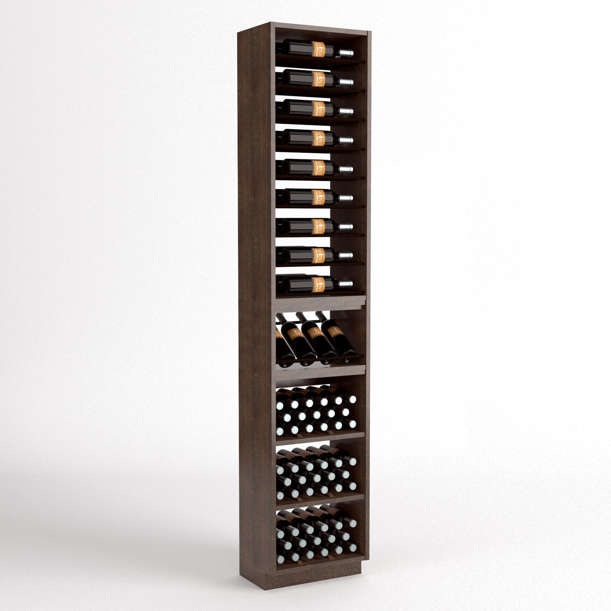 Tall wooden wine rack with 4-column bottle rails, wine bins, and front cork holders