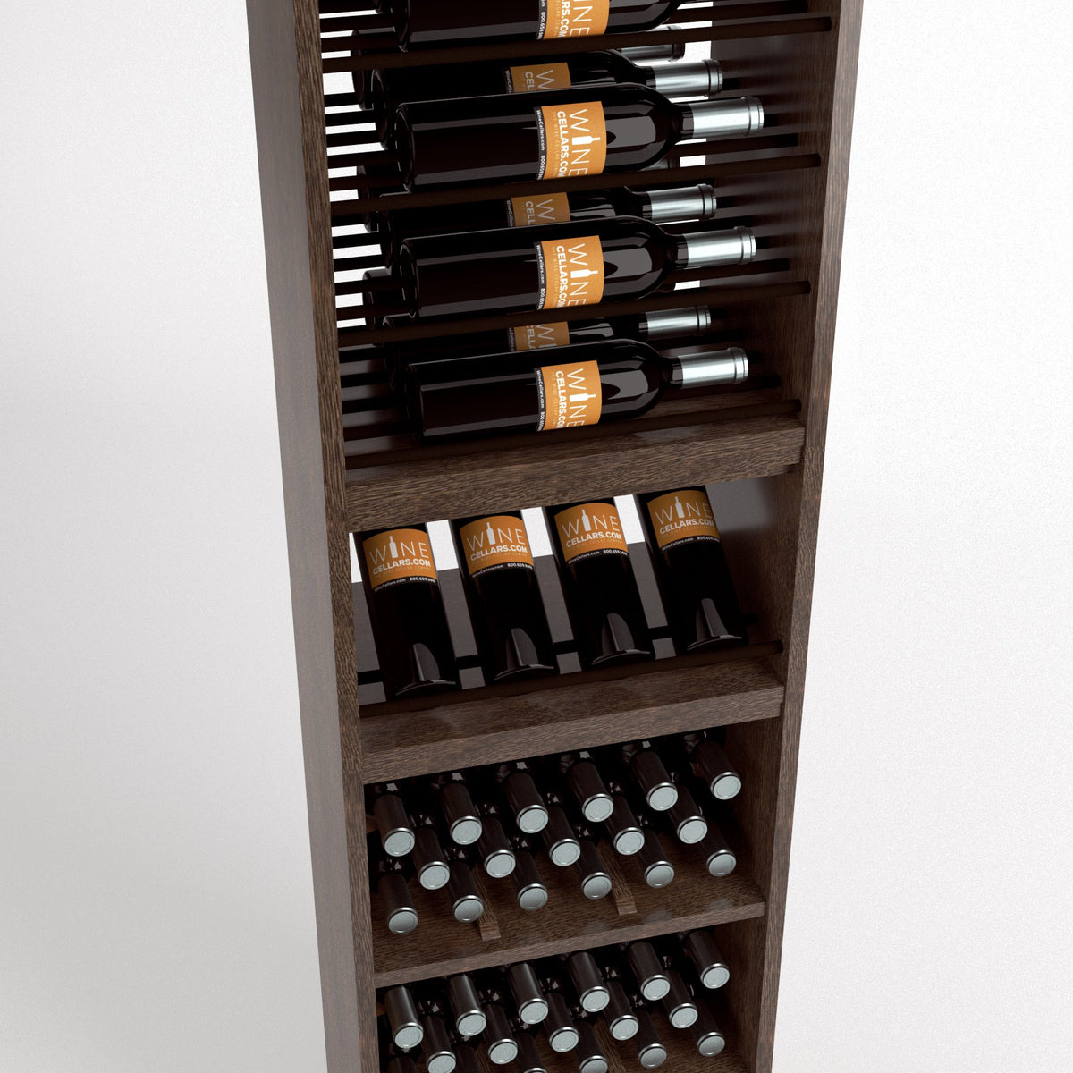 Front view wooden wine rack with four rails holding bottles and lower bin for bottles