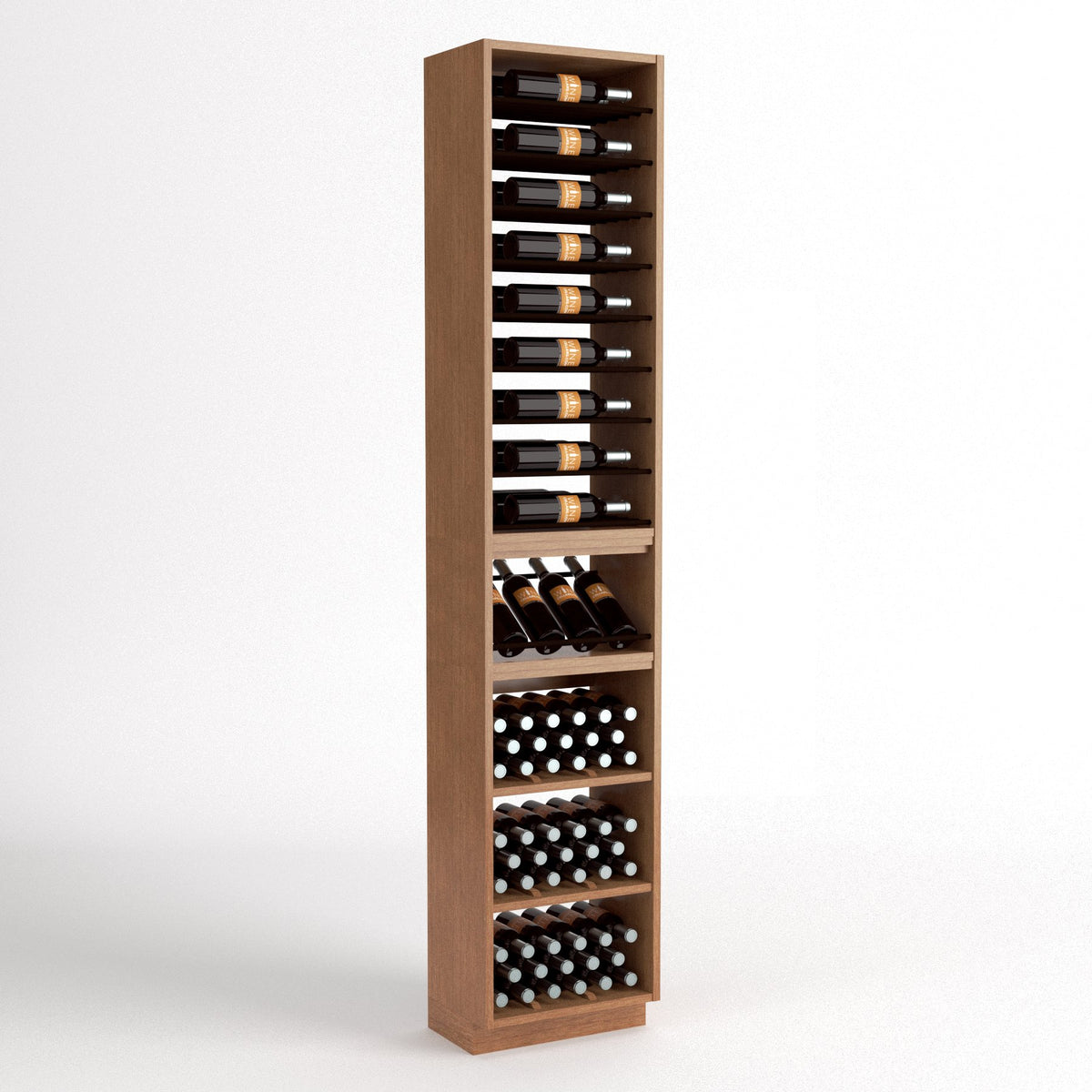 Tall light-wood wine rack with 4-column bottle rails, wine bins, and cork bottle storage