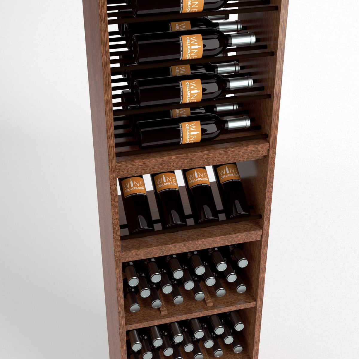 Wooden wine cabinet with four bottle rails, upright bottles, and lower bottle storage