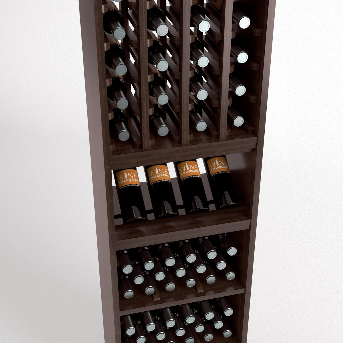 Wooden 4-column wine bottle rack with cubby shelves and bottles displayed