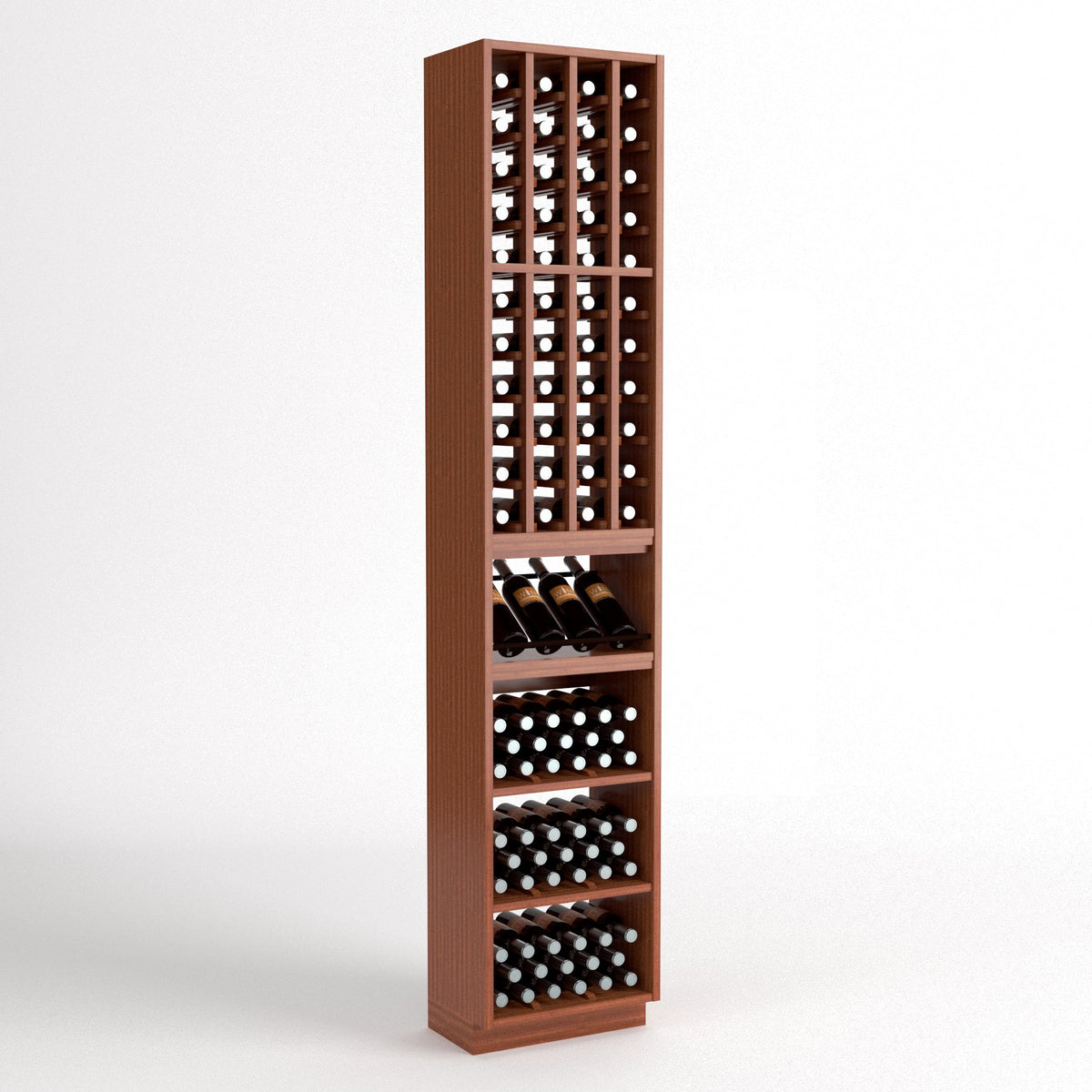 Freestanding wooden wine rack with grid bottle storage and pull-out display