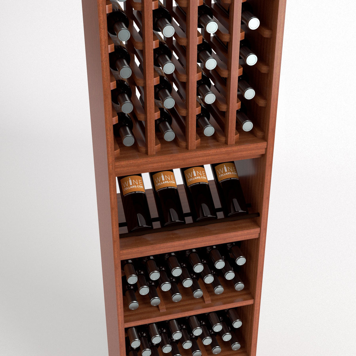 Wooden wine cellar rack with four bottle columns and multiple lower storage rows
