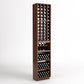 Wooden tall wine rack with bottle grid at top and stacked display bins below