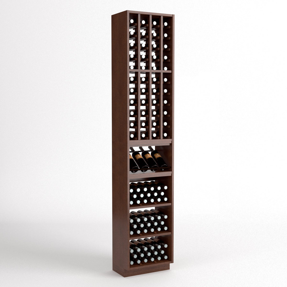 Wooden tall wine rack with bottle grid at top and stacked display bins below