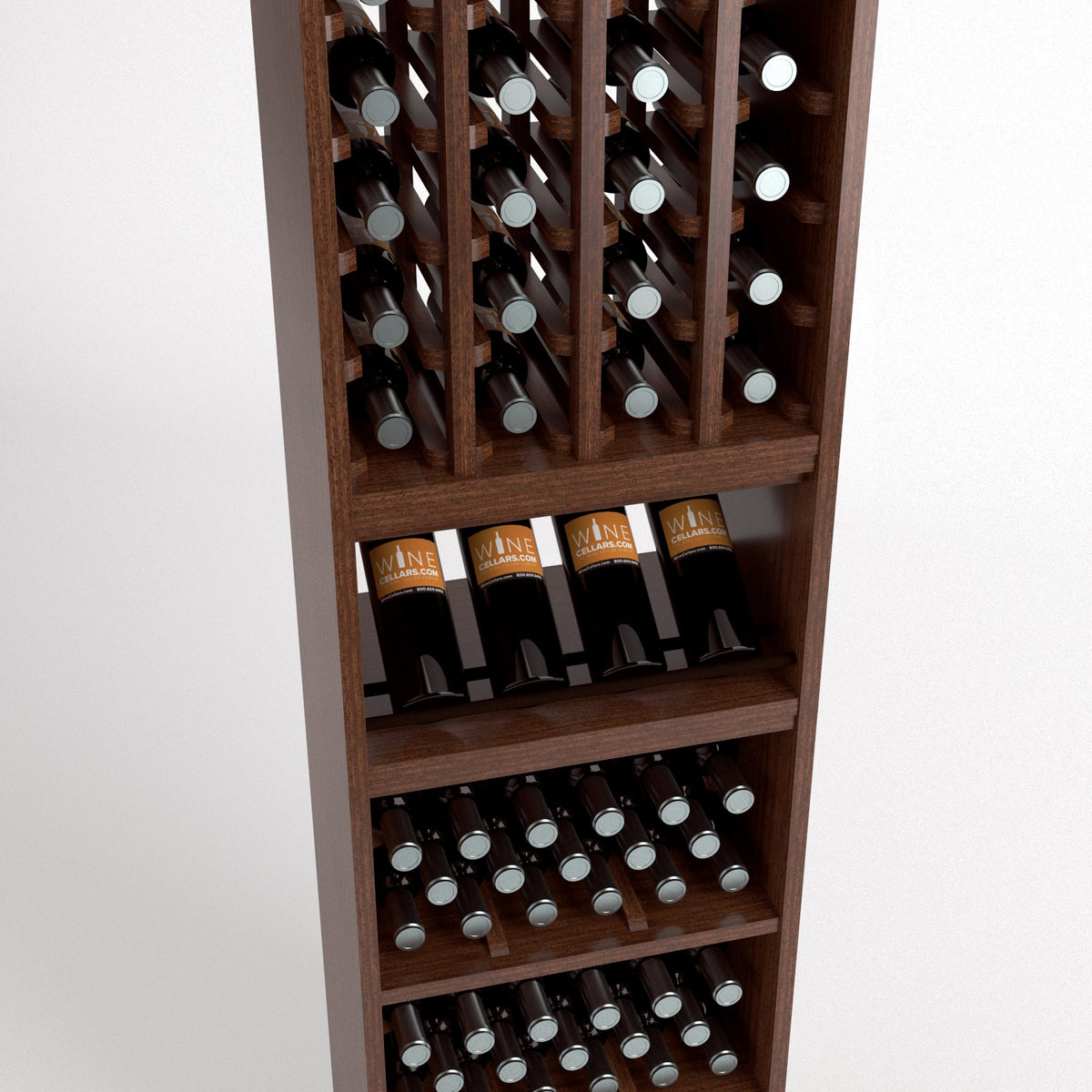 Brown wooden 4-column wine rack with bottle slots, bins, and display shelving