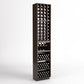 Narrow wooden wine rack with bottle grid compartments, wine bottle tray, and stacked drawer rows