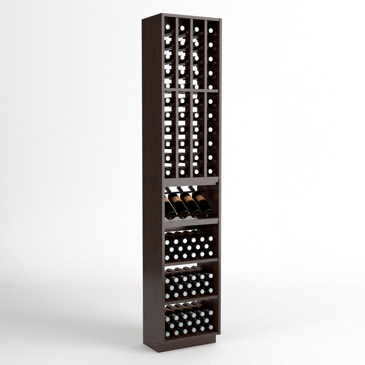 Narrow wooden wine rack with bottle grid compartments, wine bottle tray, and stacked drawer rows
