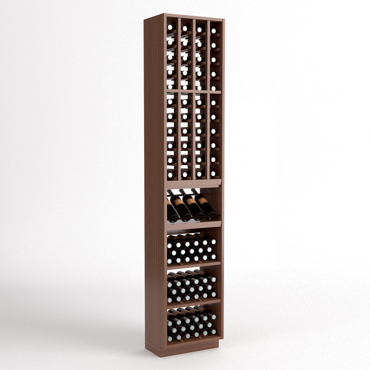 Tall walnut-toned wine rack with 4-column bottle cubbies and three lower storage bins