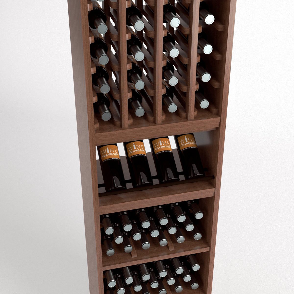 Walnut-toned wine bottle rack with 4-column bottle cubbies and front storage shelf