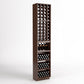Walnut-toned wine rack cabinet with 4-column bottle display and three lower bins