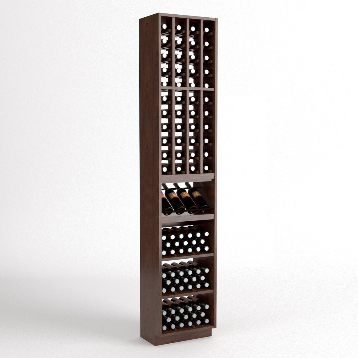 Walnut-toned wine rack cabinet with 4-column bottle display and three lower bins
