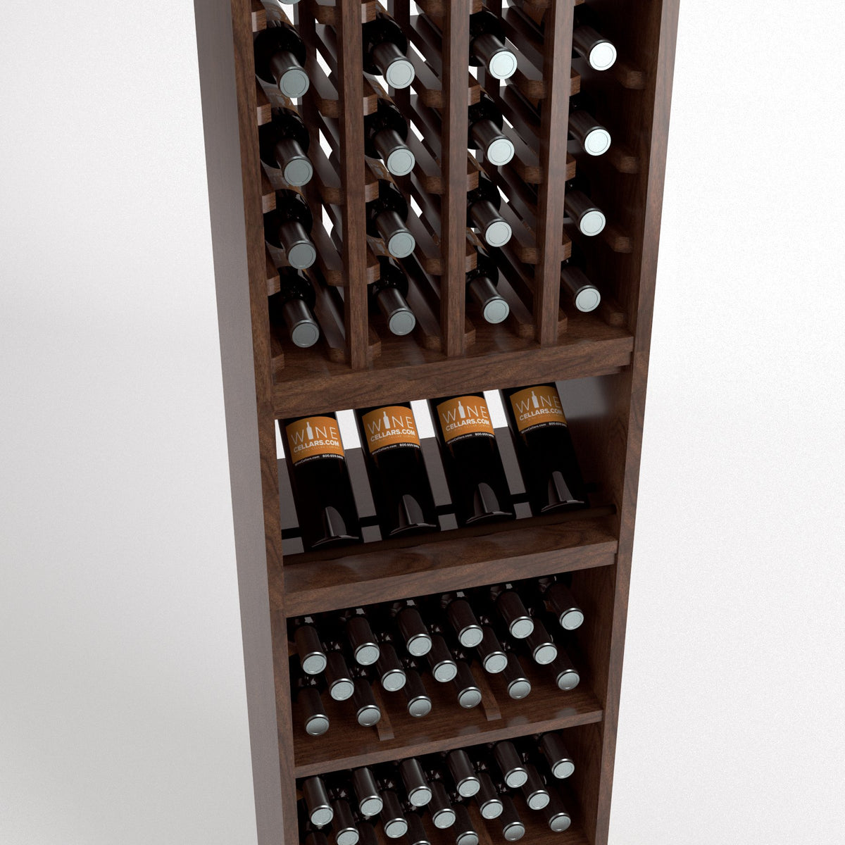 Dark wooden 4-column wine bottle rack with front display cubbies and shelves