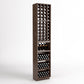 Tall wooden wine rack with bottle grid, row shelves, and display bins