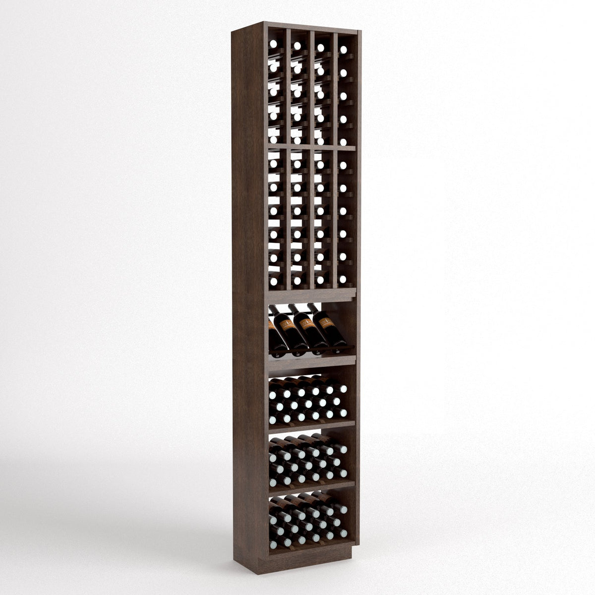 Tall wooden wine rack with bottle grid, row shelves, and display bins