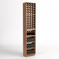Walnut-toned wine bottle rack with 4-column cubbies and three lower storage bins