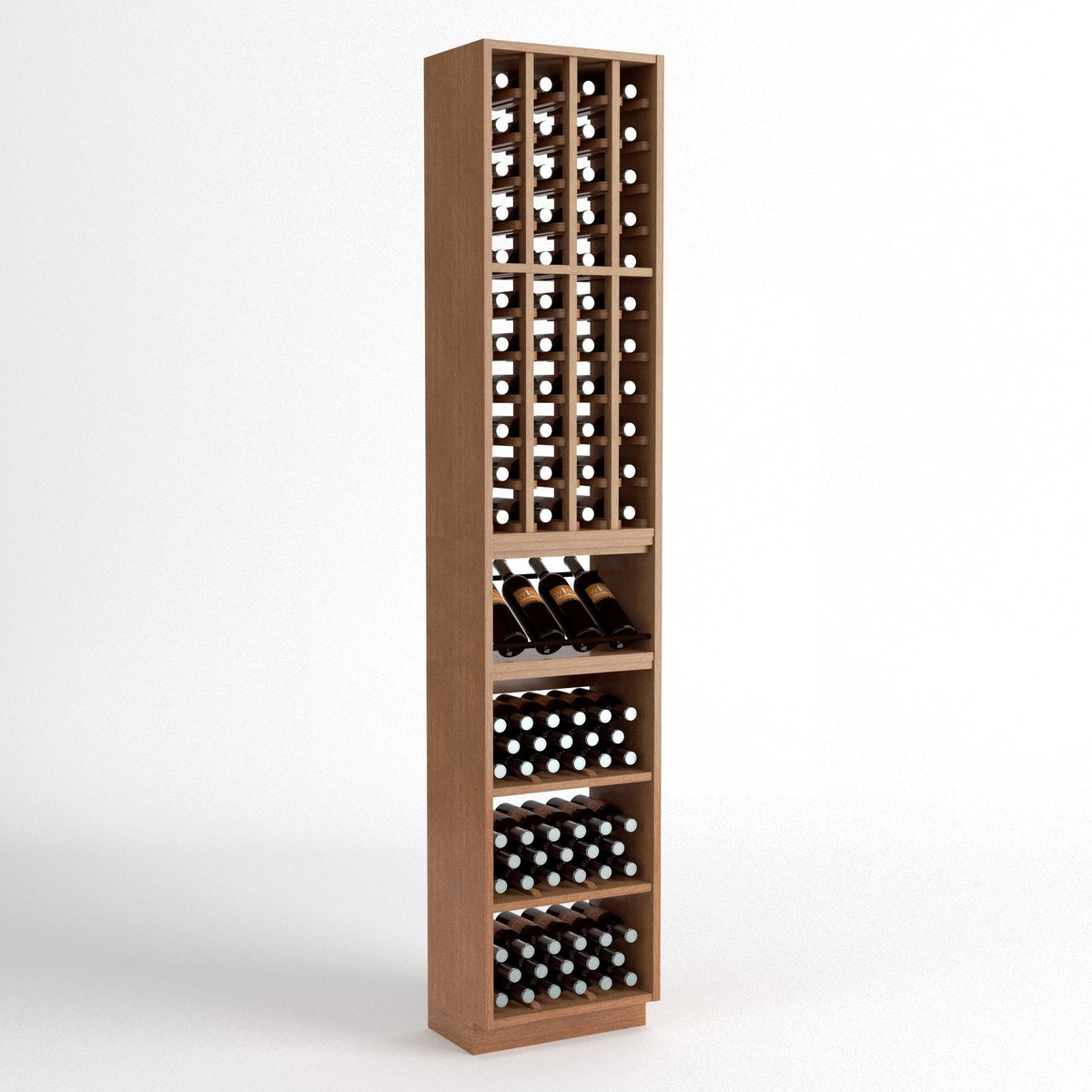 Walnut-toned wine bottle rack with 4-column cubbies and three lower storage bins
