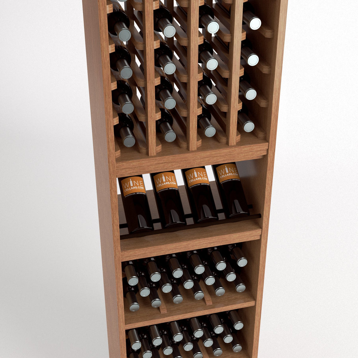 Wooden 4-column wine rack with bottle grid, front-facing bottles, and lower rows