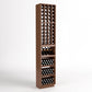 Walnut-toned vertical wine rack with 4-column bottle cubbies and three bin shelves