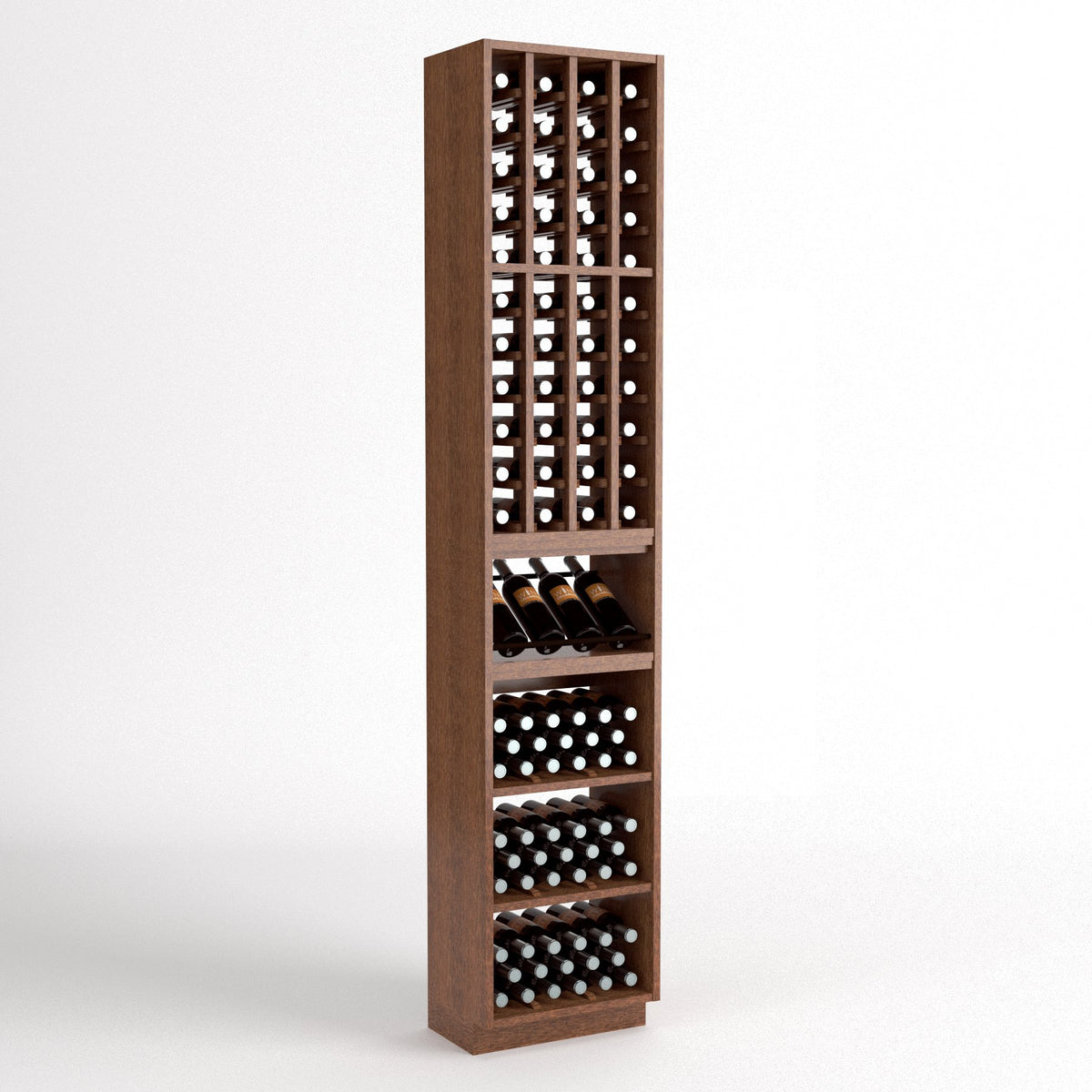 Walnut-toned vertical wine rack with 4-column bottle cubbies and three bin shelves