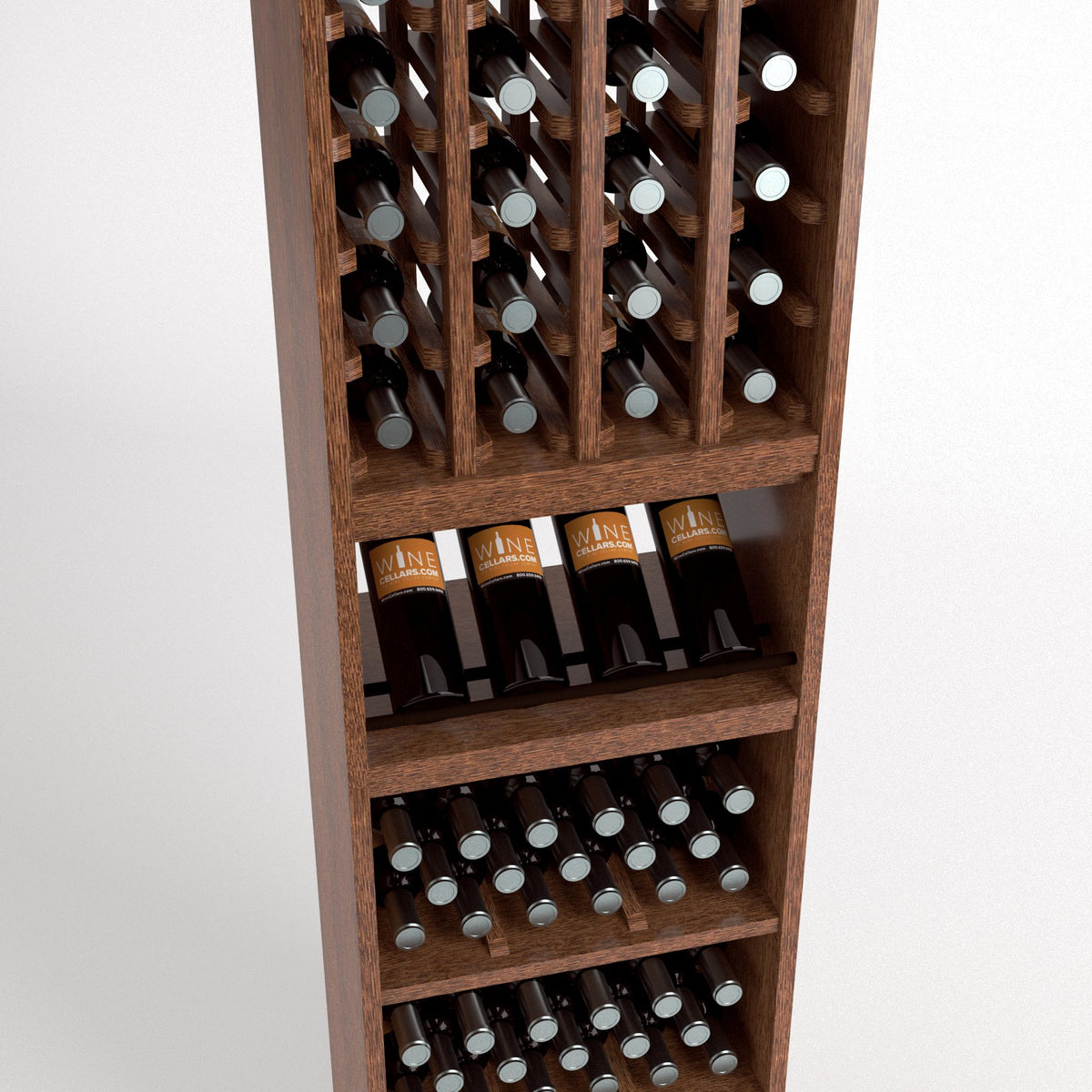 Dark wooden 4-column wine bottle rack with bottle bins and lower shelf rows