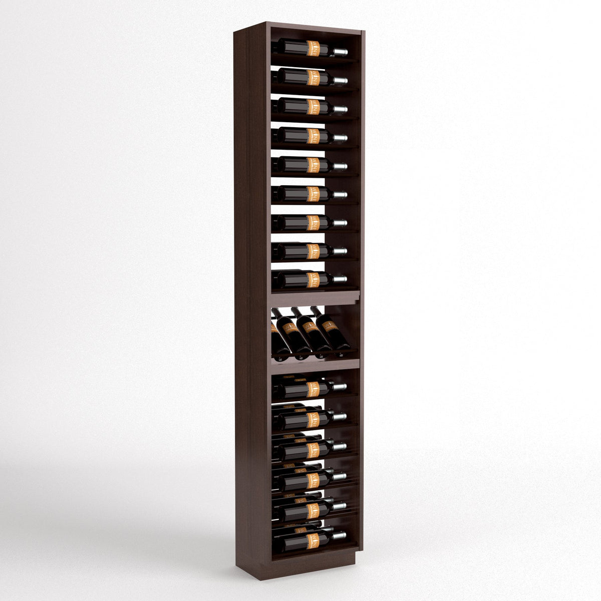 Full-height angled view of wooden wine rack with four rails holding wine bottles