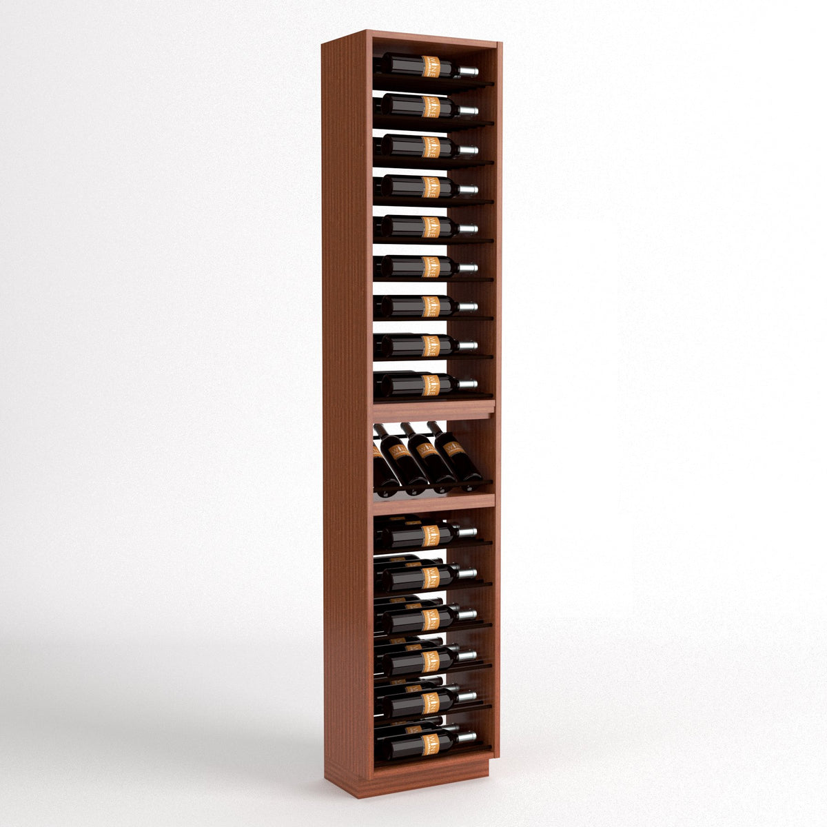 Light wood wine bottle and glass display rack standing upright with multiple slots
