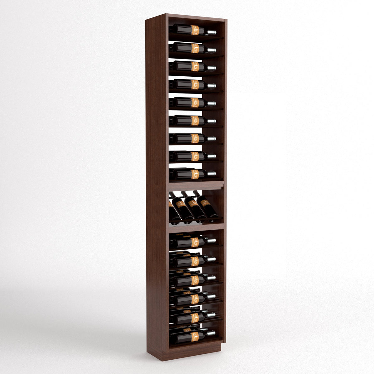 Tall wooden wine display cabinet with four bottle rails and a bottom wine bottle tray