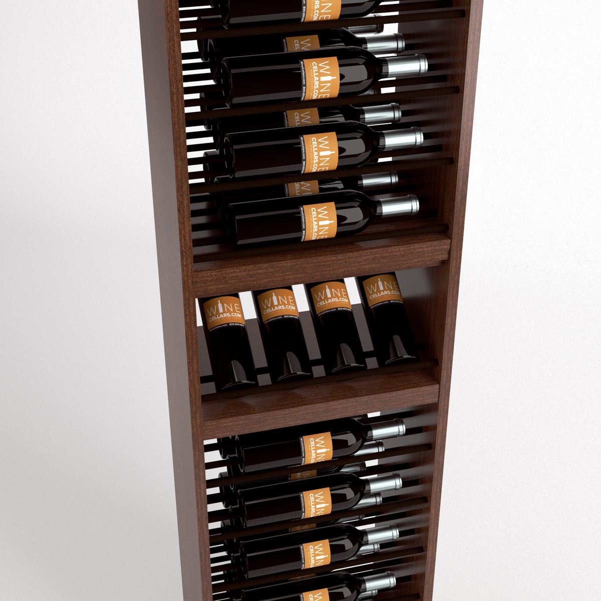 Dark brown wine bottle rack with 4-column rails holding wine bottles