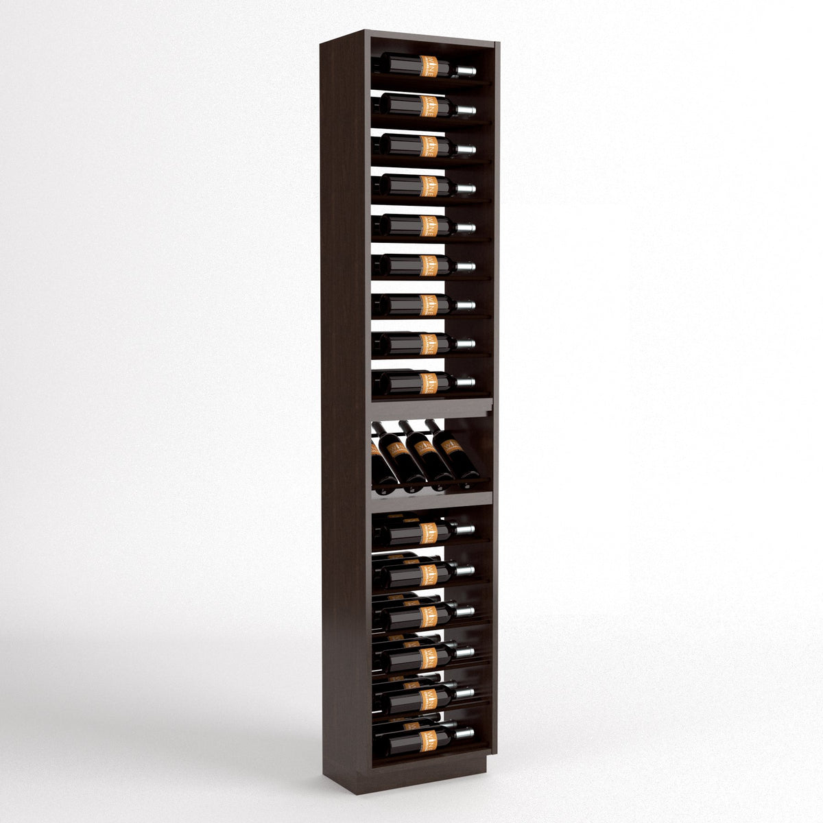 Dark wood wine bottle and glass display rack with bottle rails and lower glass area