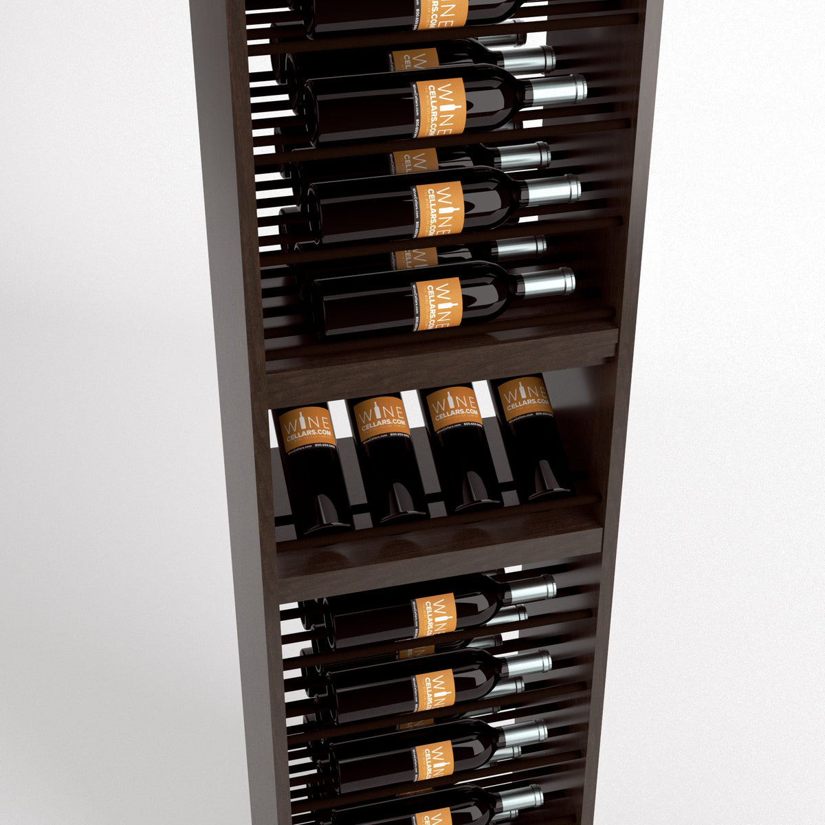 Dark wood wine bottle rack with 4-column rails holding wine bottles