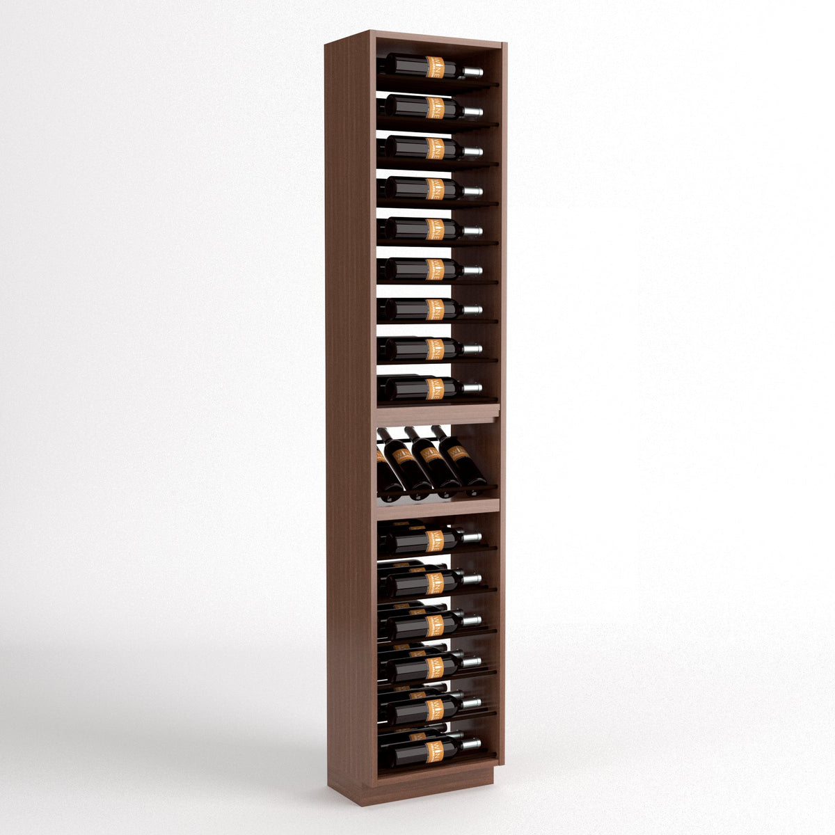 Dark wood wine bottle and glass display rack with multiple horizontal slots