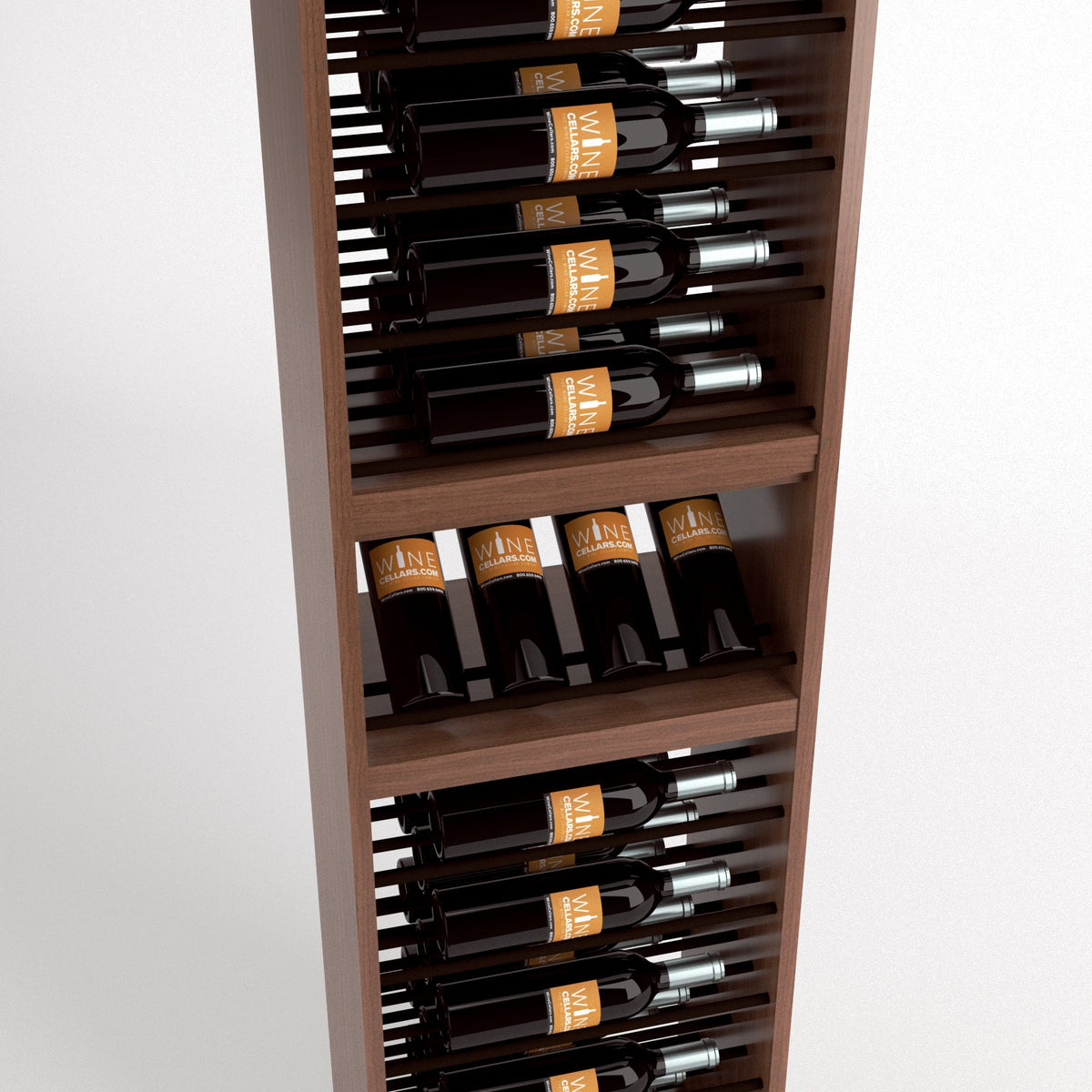Dark wood wine bottle rack with 4-column rails and bottle display shelves