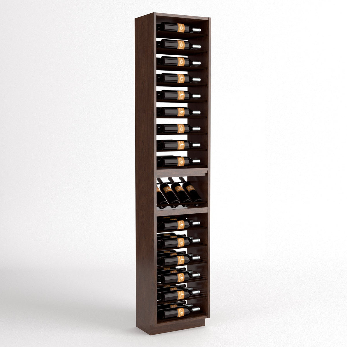 Light brown wood wine bottle and glass display rack with multiple horizontal bottle slots