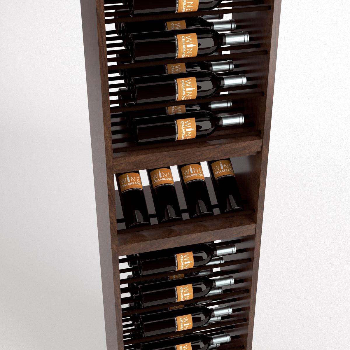 Dark wood wine rack with bottle slots and a lower row for glasses or holders