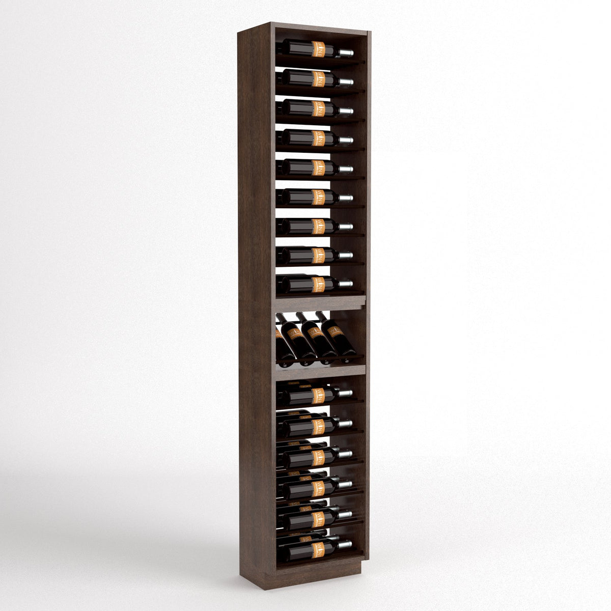 Dark wood wine bottle display rack with stacked bottle rows and glass holder shelf