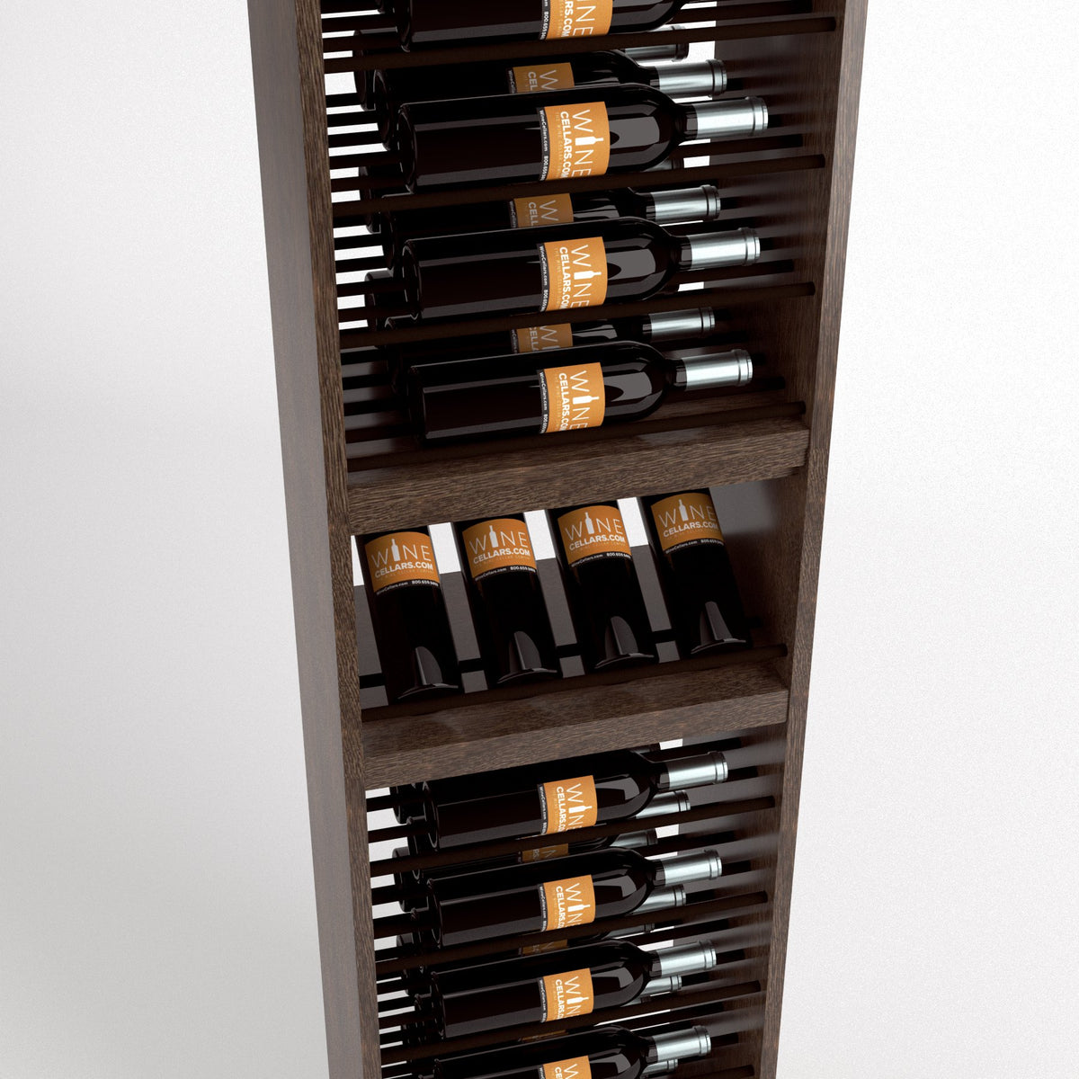 Dark wood wine bottle rack with 4-column rails and bottle display slots