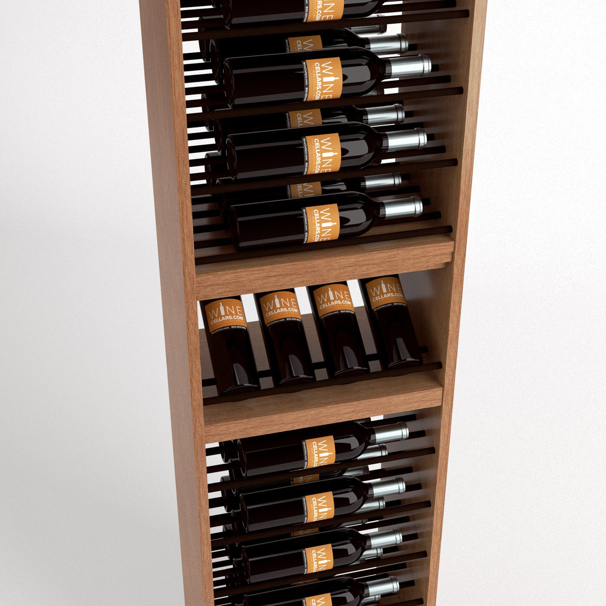 Light wood wine bottle display rack with rows of bottles in black horizontal rails