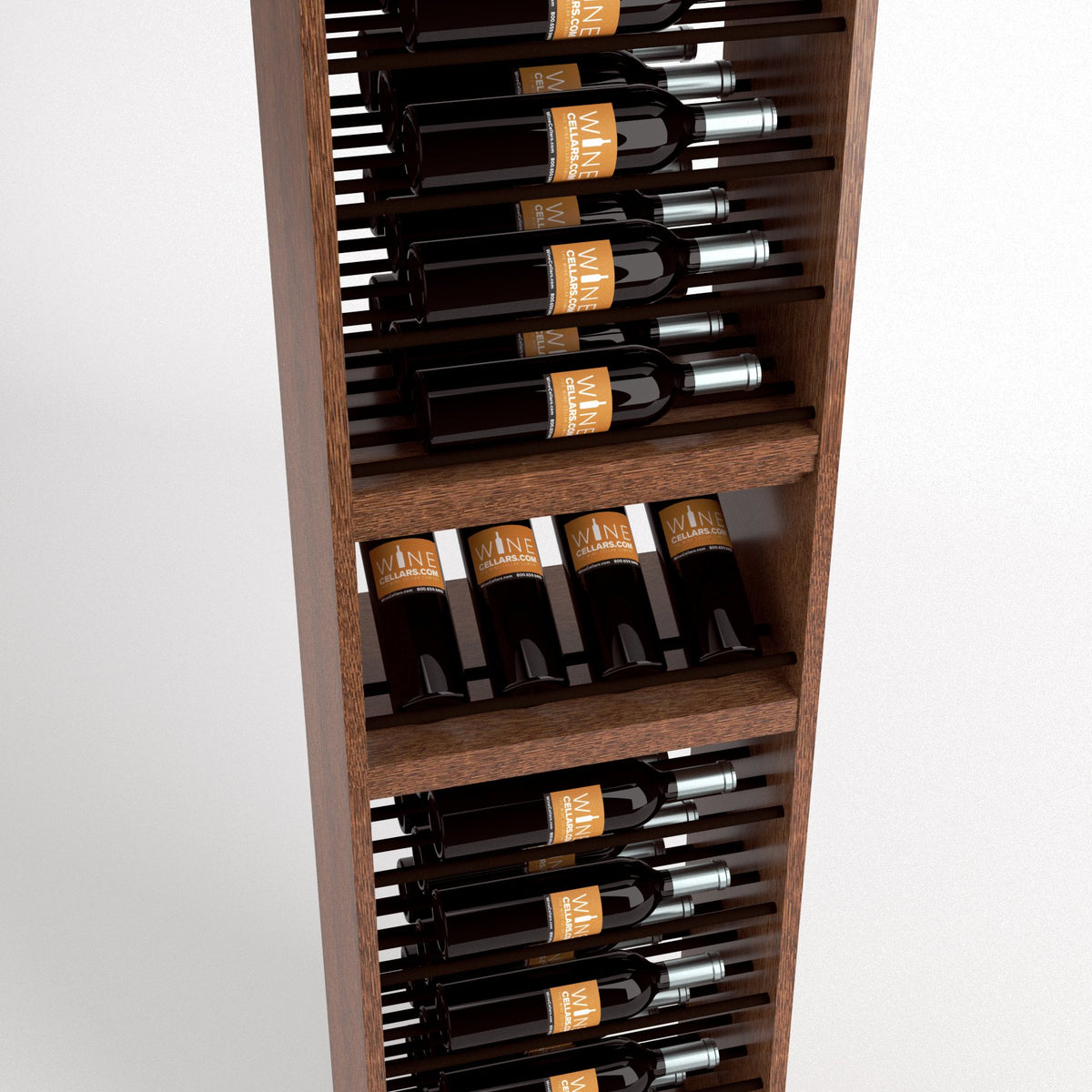 Light wood wine bottle display rack with multiple bottle rows and black rail supports