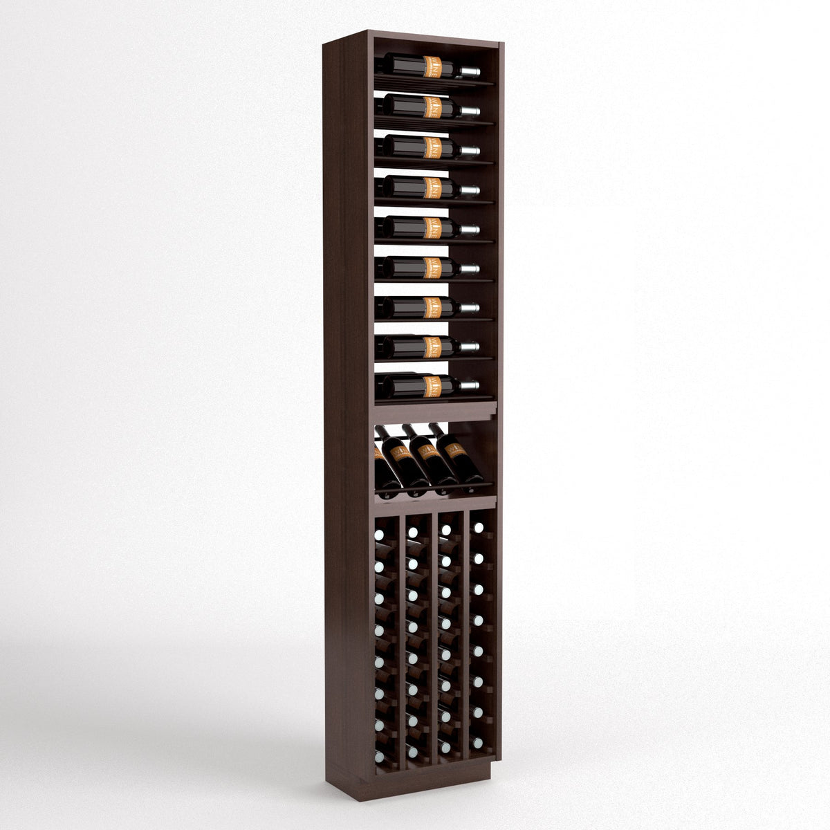 Tall 4-column wine rack with bottle shelves, wine cubby rows, and cork bottle openings