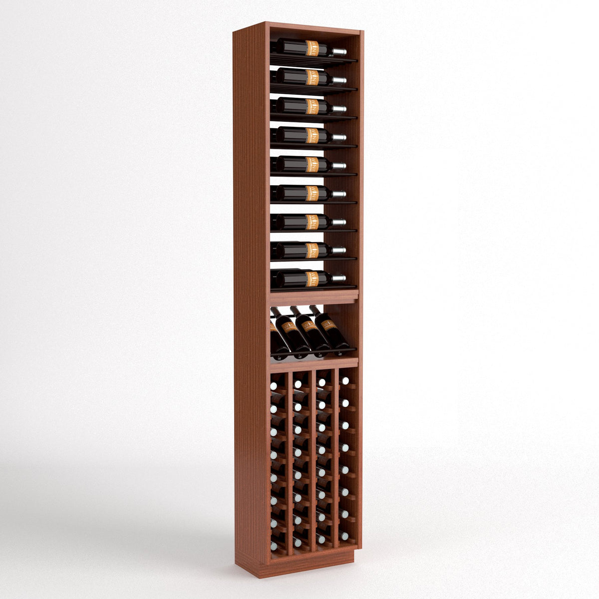 Tall wooden wine rack with 4 columns, bottle holders, and lower wine cubby openings