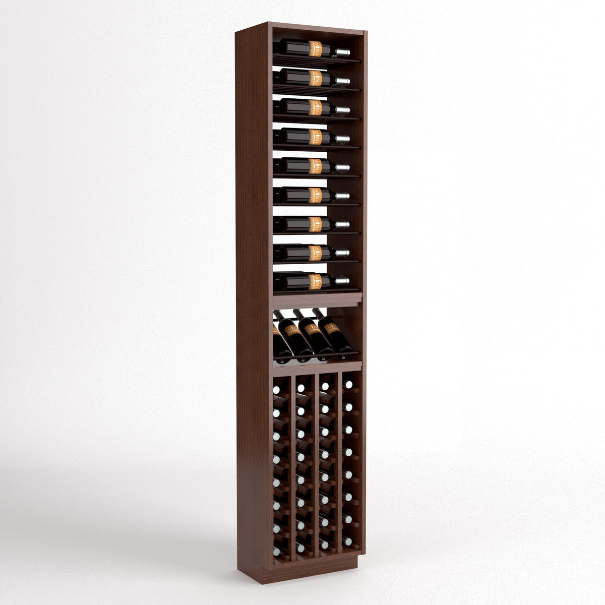 Tall dark wood wine rack with bottle slots, glass rests, and front bottle cubbies