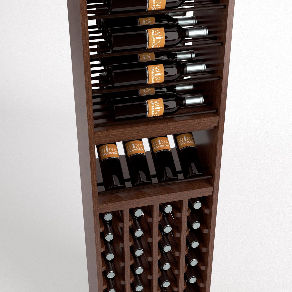 Close view of wine rack shelves with bottles and front wine bottle cubbies