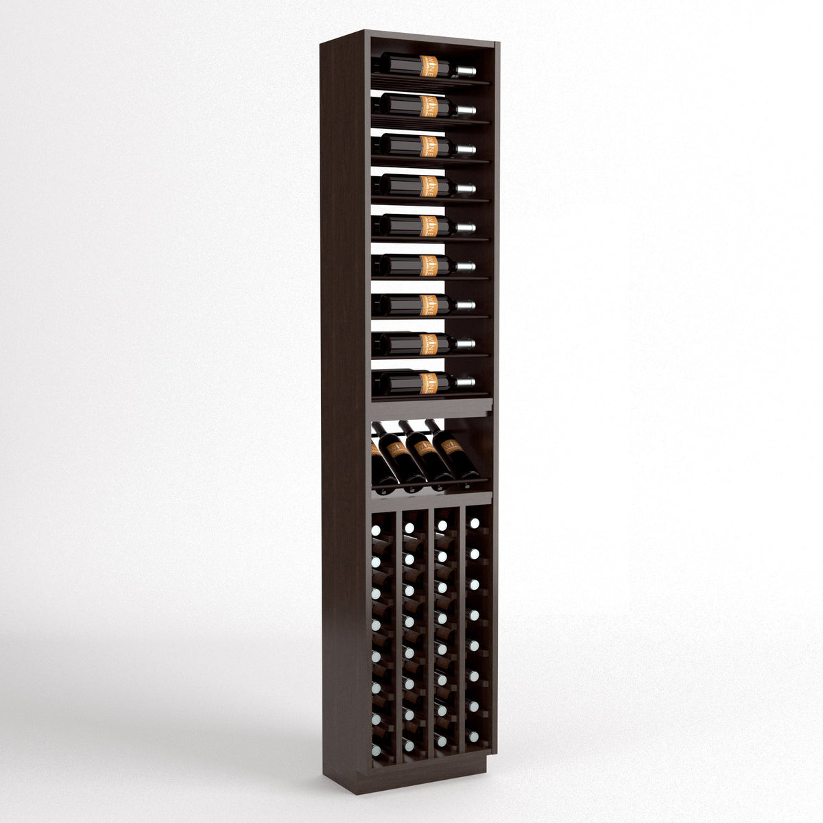 Wine storage cabinet with 4 columns: upper bottle rails, mid shelf, and lower cork cubbies