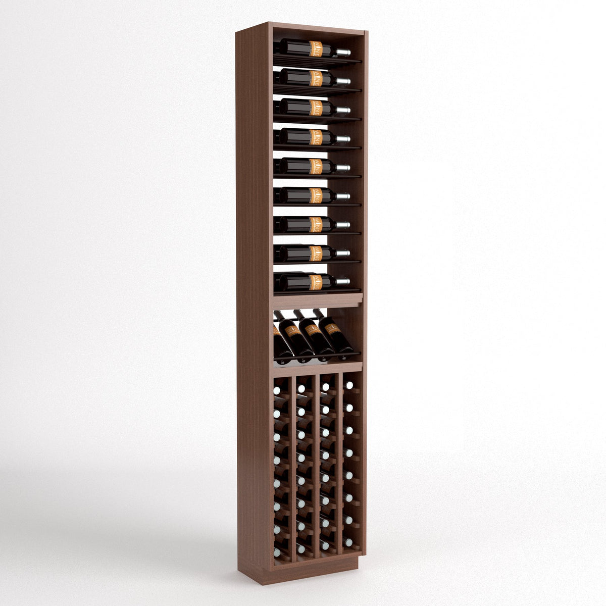 Narrow wine display rack with 4-column storage, bottle shelf, and cork bottle cubby grid