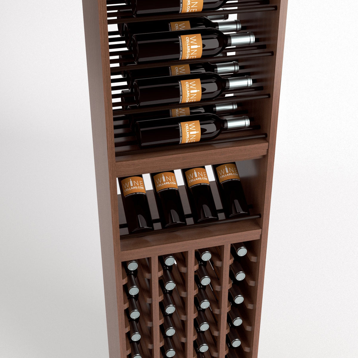 Wine rack close view with bottle slots, shelf with glasses, and front wine cubbies
